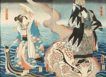 Kabuki-Diptychon von Utagawa Kunisada (Toyokuni III) zeigt Schauspieler aus dem Kabuki-Stück Jiraiya Gōketsu Monogatari