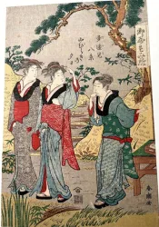 Japanischer Holzschnitt - Reproduktion - Katsukawa SHUNCHO - Drei Mädchen auf abgeerntetem Reisfeld