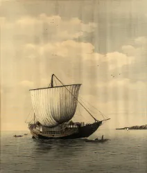 Japanische Schule, Segelschiff, frühes 20. Jh.  Yūzen-Birodo cut velvet
