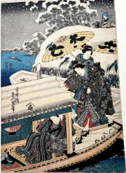 TOYOKUNI III (Kunisada) – Wintervergnügen-Drei Damen auf Boot zu einer Fahrt auf Sumidafluß bei leichtem Schneetreiben